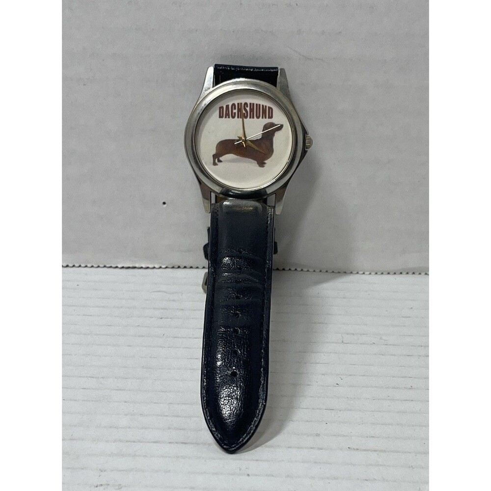 Maxim-All Dachshund Dog Watch Silver Tone Dial Black Leather Needs Battery